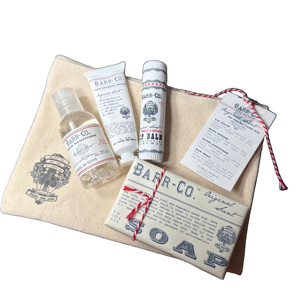Barr-Co Lip Balm Hand Sanitizer Soap Hand Cream Travel Gift Set With Bag
